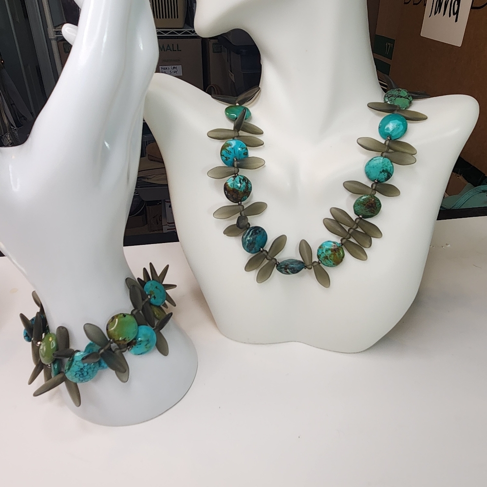 turqoise sea glass 2pc necklace bracelet set blue green costume fashion nautical